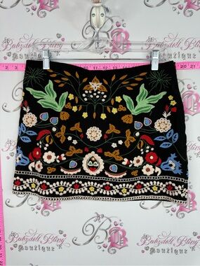 Skirt Embroidered Floral Black Mini Skirt - Multicolor